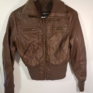 Womens Faux Leather Coat Jacket Ambiance Apparel Zipper Pockets Small Brown